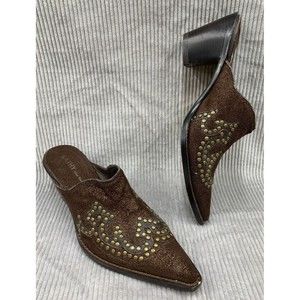 Kathy VanZeeland Brown Faux Suede Studded Metallic Shimmr Westrn Cowboy Mules 9M